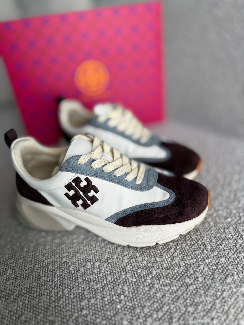 Tory Burch White, Gray, and Brown Suede-Accent Sneaker